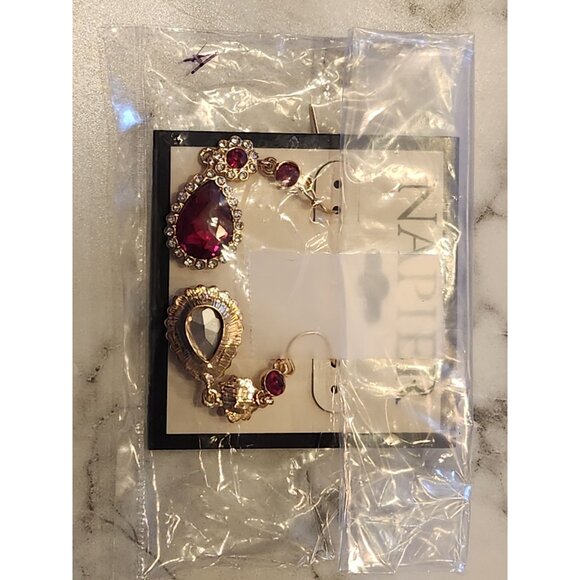 Napier Gold-Tone Red & Clear Crystal Teardrop Dangle Earrings For Women - Picture 2 of 5